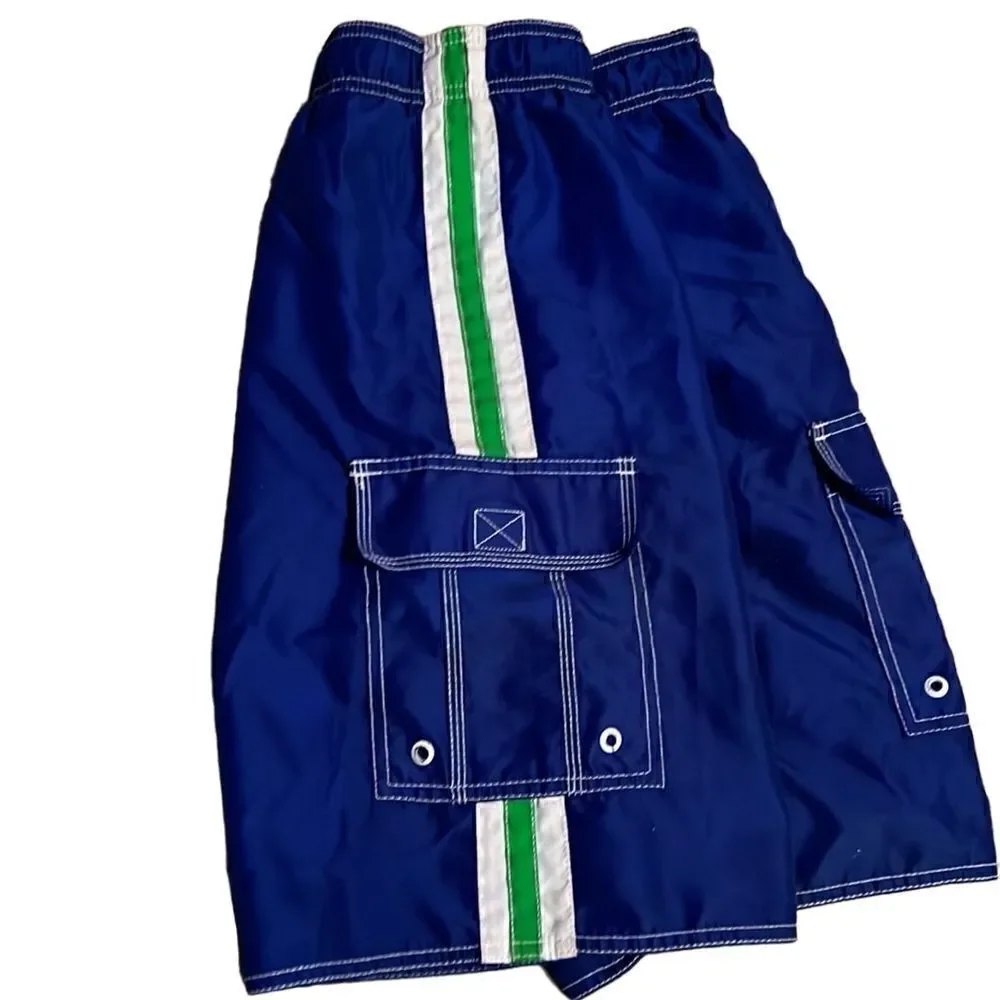 Old Navy Boys Large 10-12 Dark Royal Blue Green White Side Stripe Swim Trunks